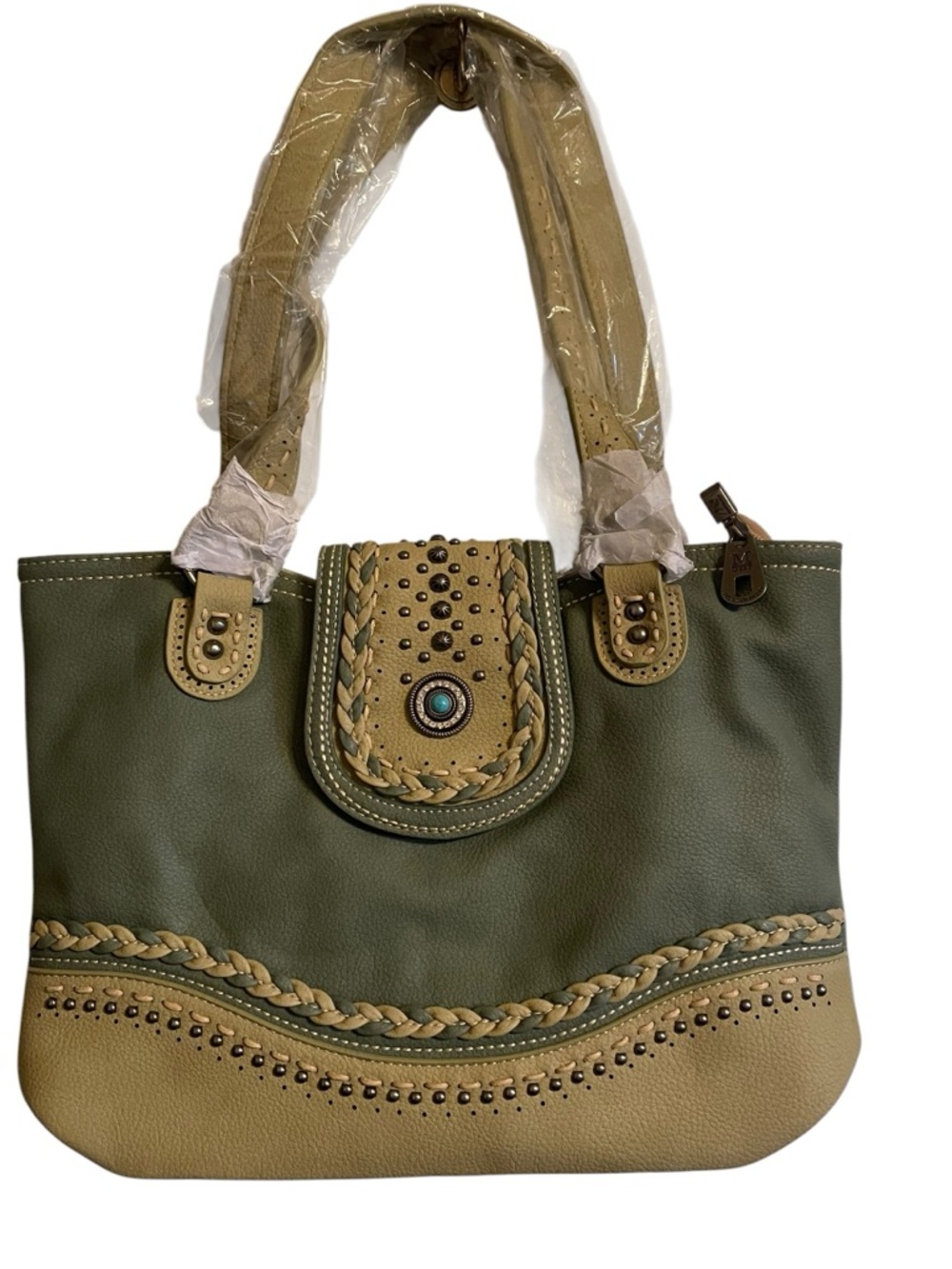 Montana West Olive and Tan Leather Tote with Concho Accent Concealed Carry